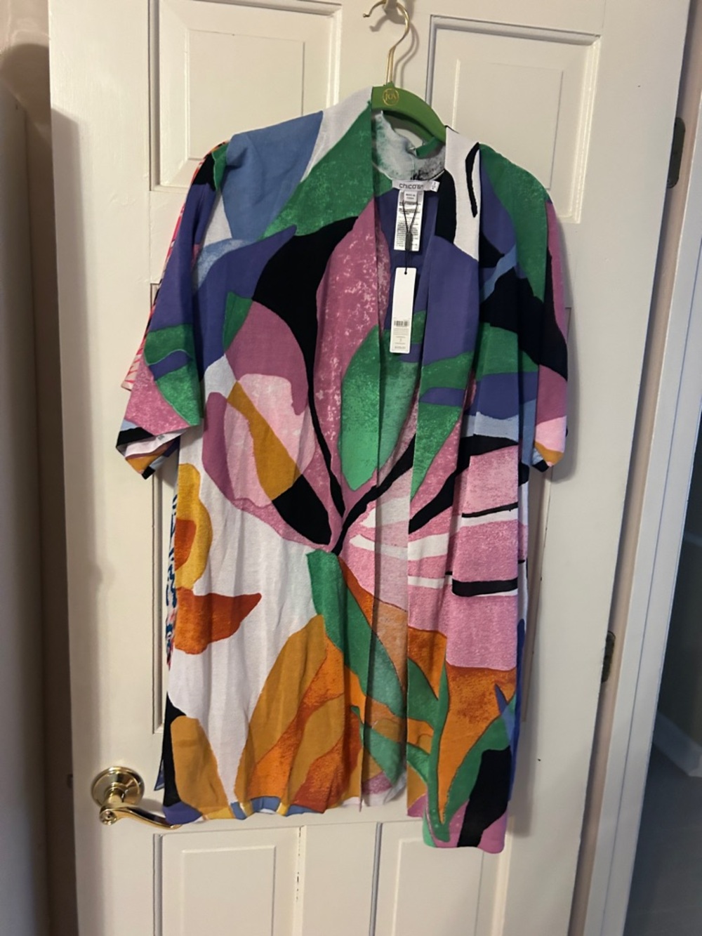 Chico's Vibrant Abstract Floral Open-Front Cardigan in Pink, Green, Blue, Orange